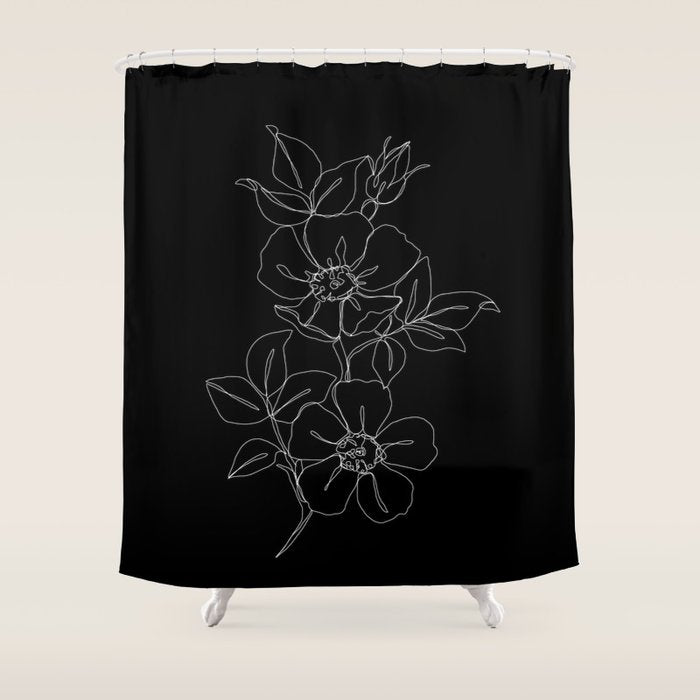 Botanical illustration one line drawing - Rose Black Shower Curtain Gallery Image 1