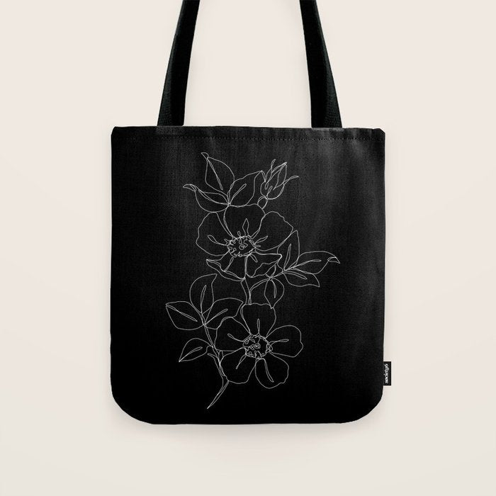 Botanical illustration one line drawing - Rose Black Tote Bag Gallery Image 1