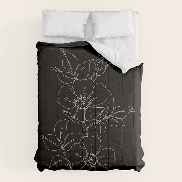 Botanical illustration one line drawing - Rose Black Comforter Gallery Image 1