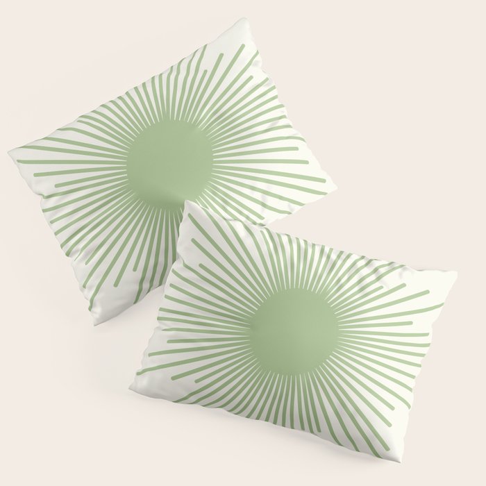 Sun - Mid Century Modern Minimalist Sun and Sun Rays in Light Sage Green & Cream Pillow Sham Gallery Image 1