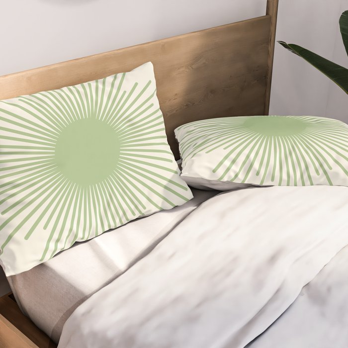 Sun - Mid Century Modern Minimalist Sun and Sun Rays in Light Sage Green & Cream Pillow Sham Gallery Image 2