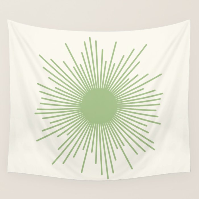Sun - Mid Century Modern Minimalist Sun and Sun Rays in Light Sage Green & Cream Wall Tapestry Gallery Image 4