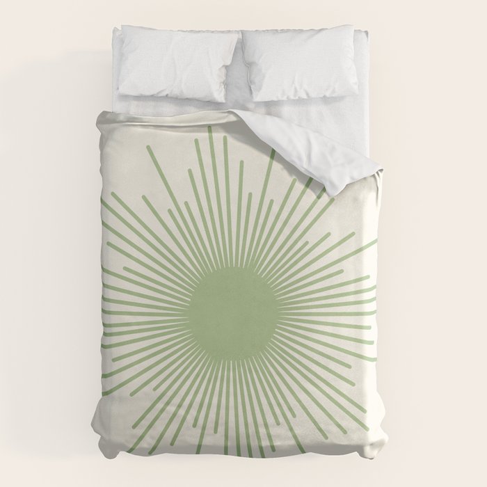 Sun - Mid Century Modern Minimalist Sun and Sun Rays in Light Sage Green & Cream Duvet Cover Gallery Image 6