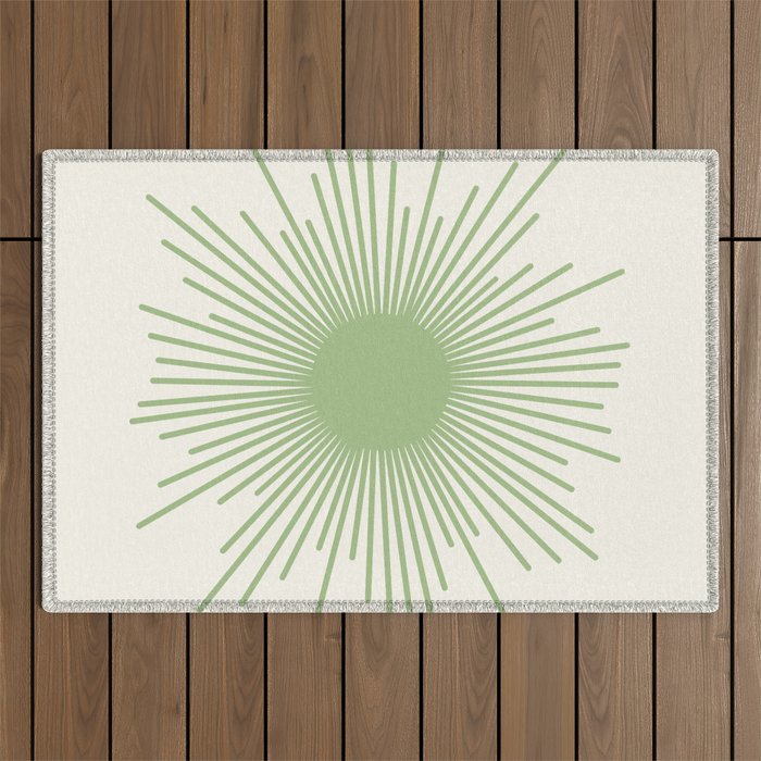 Sun - Mid Century Modern Minimalist Sun and Sun Rays in Light Sage Green & Cream Outdoor Rug Gallery Image 1