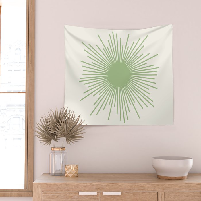 Sun - Mid Century Modern Minimalist Sun and Sun Rays in Light Sage Green & Cream Wall Tapestry Gallery Image 2