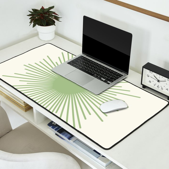 Sun - Mid Century Modern Minimalist Sun and Sun Rays in Light Sage Green & Cream Desk Mat Gallery Image 2