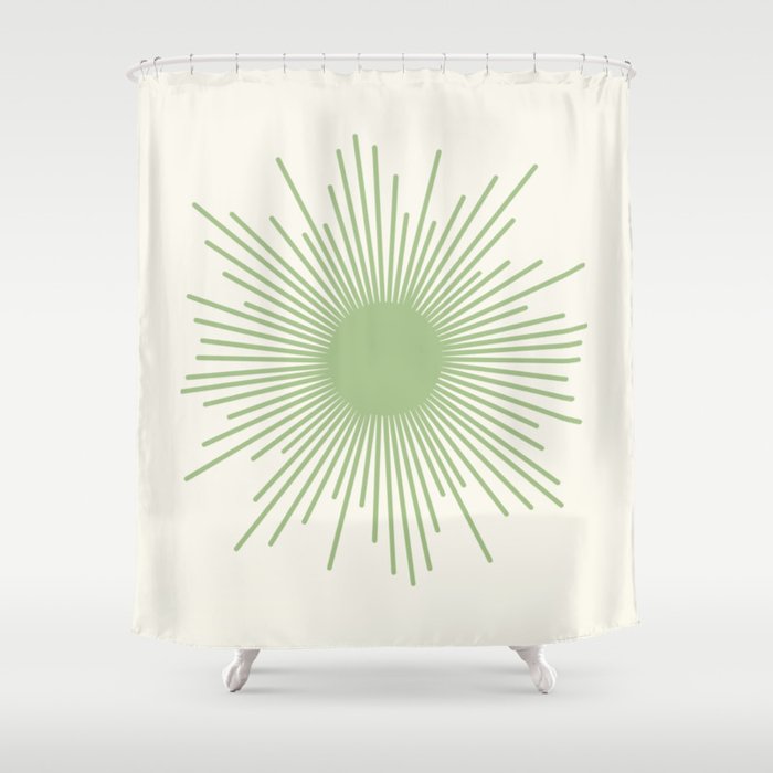Sun - Mid Century Modern Minimalist Sun and Sun Rays in Light Sage Green & Cream Shower Curtain Gallery Image 1