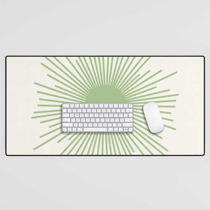Sun - Mid Century Modern Minimalist Sun and Sun Rays in Light Sage Green & Cream Desk Mat Gallery Image 1