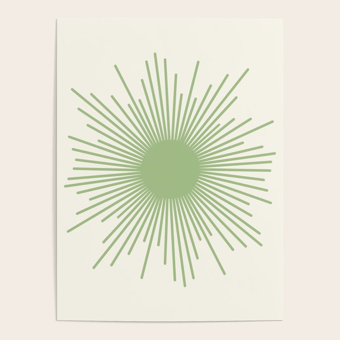 Sun - Mid Century Modern Minimalist Sun and Sun Rays in Light Sage Green & Cream Poster Gallery Image 4