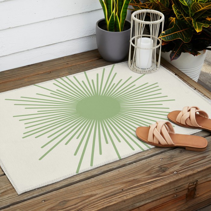 Sun - Mid Century Modern Minimalist Sun and Sun Rays in Light Sage Green & Cream Outdoor Rug Gallery Image 2