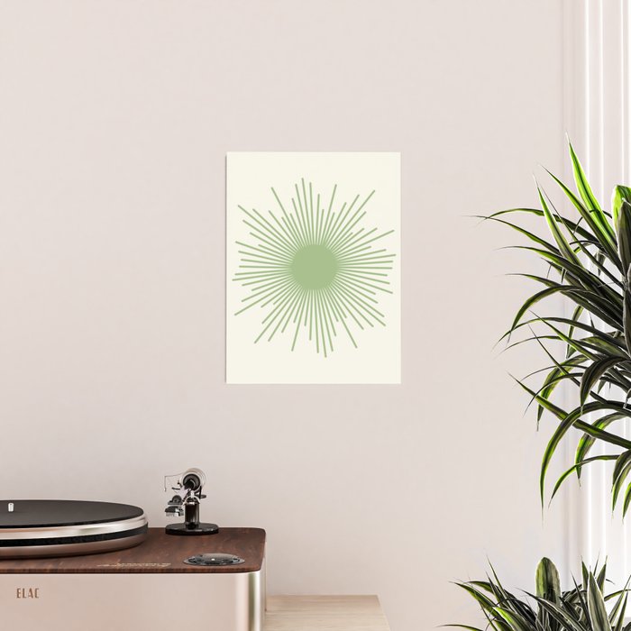 Sun - Mid Century Modern Minimalist Sun and Sun Rays in Light Sage Green & Cream Poster Gallery Image 2