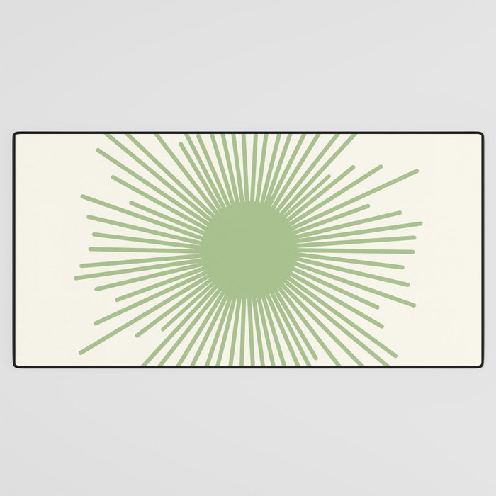 Sun - Mid Century Modern Minimalist Sun and Sun Rays in Light Sage Green & Cream Desk Mat Gallery Image 3