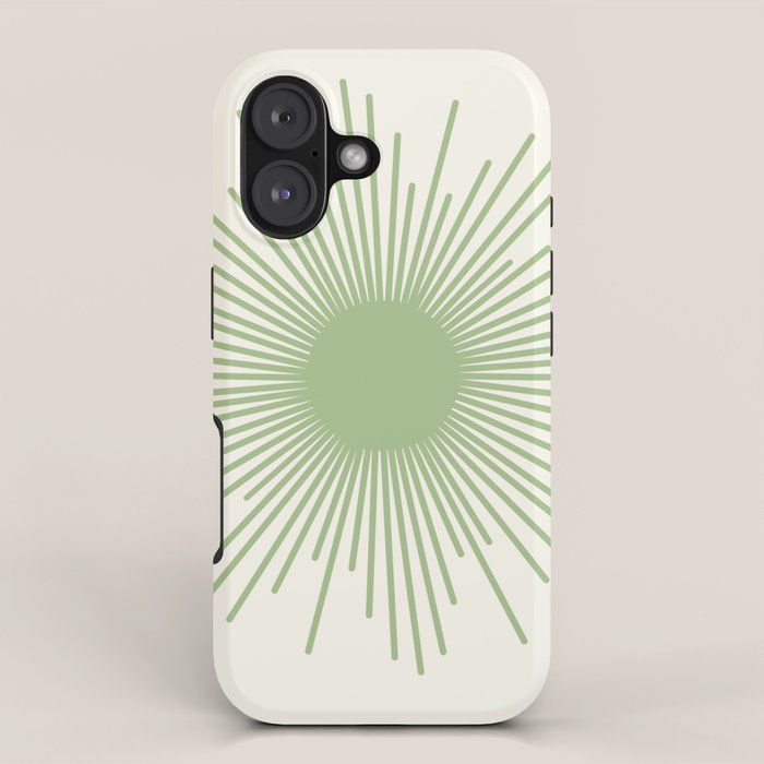 Sun - Mid Century Modern Minimalist Sun and Sun Rays in Light Sage Green & Cream iPhone Case Gallery Image 1