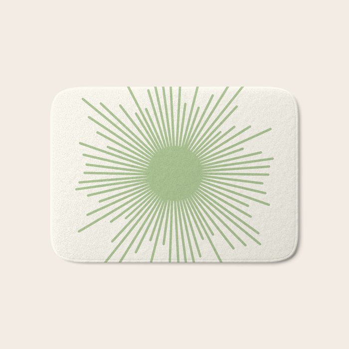 Sun - Mid Century Modern Minimalist Sun and Sun Rays in Light Sage Green & Cream Bath Mat Gallery Image 1