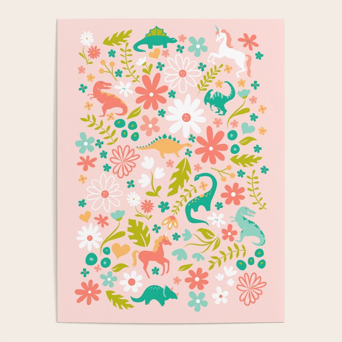Dinosaurs + Unicorns in Pink + Teal Poster Gallery Image 1
