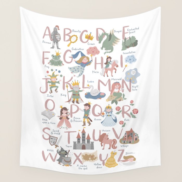Fairy tale alphabet, fairytale ABC in pink and pastel Wall Tapestry Gallery Image 4