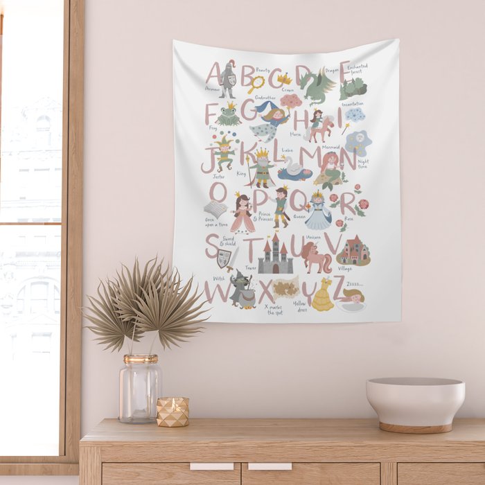 Fairy tale alphabet, fairytale ABC in pink and pastel Wall Tapestry Gallery Image 2