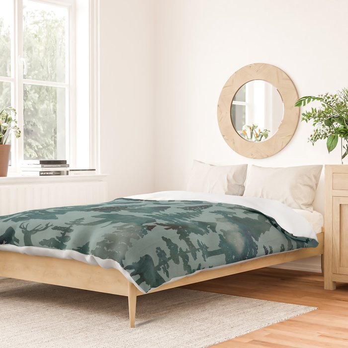 The Wild North, Wildlife, Blue Silhouette Forest and Animal Print Duvet Cover Gallery Image 2