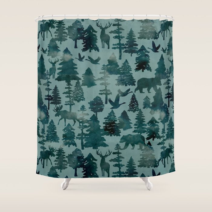 The Wild North, Wildlife, Blue Silhouette Forest and Animal Print Shower Curtain Gallery Image 1