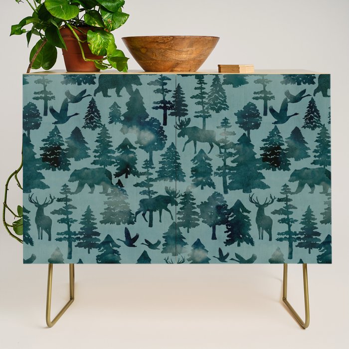 The Wild North, Wildlife, Blue Silhouette Forest and Animal Print Credenza Gallery Image 1