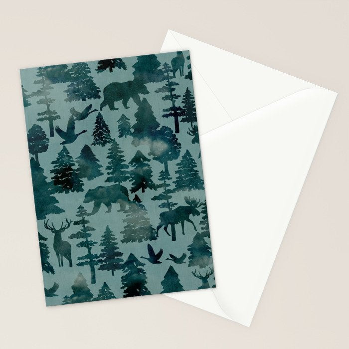The Wild North, Wildlife, Blue Silhouette Forest and Animal Print Stationery Card Gallery Image 2