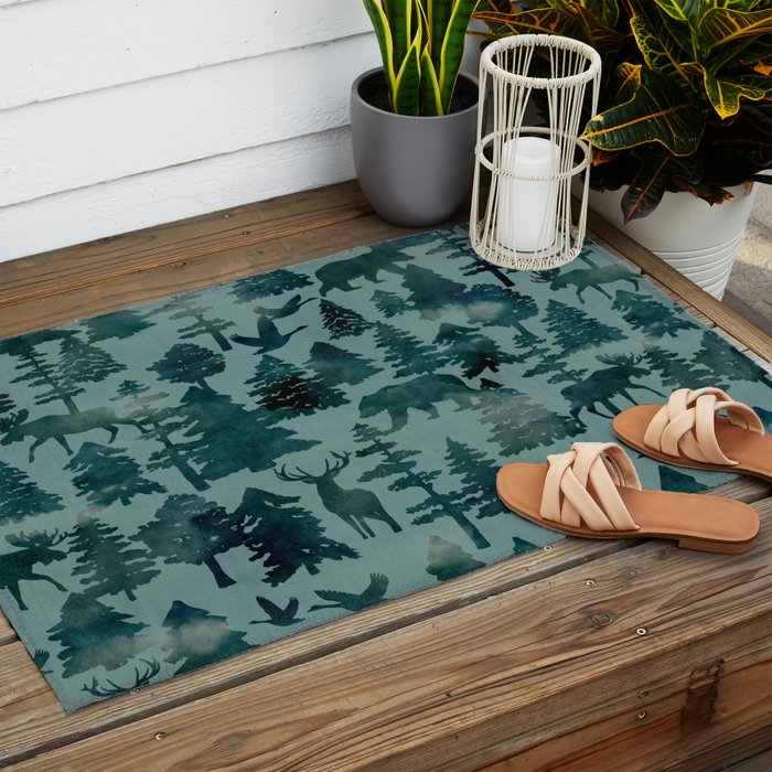 The Wild North, Wildlife, Blue Silhouette Forest and Animal Print Outdoor Rug Gallery Image 2