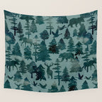 The Wild North, Wildlife, Blue Silhouette Forest and Animal Print Wall Tapestry Gallery Image 4