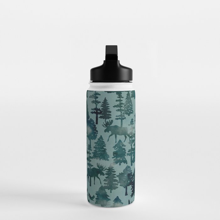 The Wild North, Wildlife, Blue Silhouette Forest and Animal Print Water Bottle Gallery Image 3