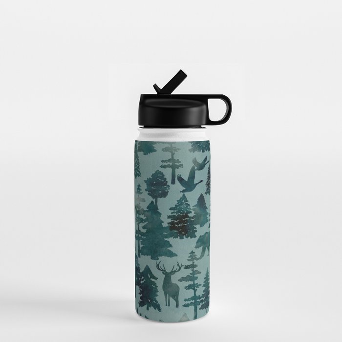The Wild North, Wildlife, Blue Silhouette Forest and Animal Print Water Bottle Gallery Image 1