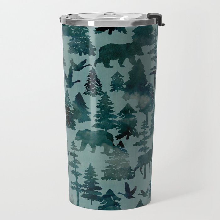 The Wild North, Wildlife, Blue Silhouette Forest and Animal Print Travel Mug Gallery Image 2