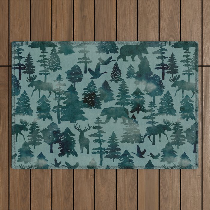 The Wild North, Wildlife, Blue Silhouette Forest and Animal Print Outdoor Rug Gallery Image 1