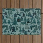 The Wild North, Wildlife, Blue Silhouette Forest and Animal Print Outdoor Rug Gallery Image 1
