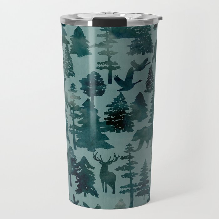 The Wild North, Wildlife, Blue Silhouette Forest and Animal Print Travel Mug Gallery Image 1