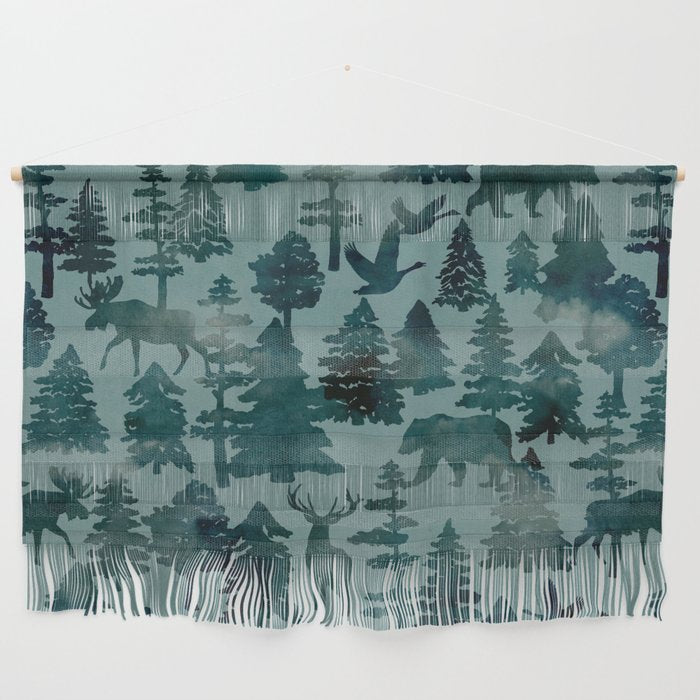 The Wild North, Wildlife, Blue Silhouette Forest and Animal Print Wall Hanging Gallery Image 1