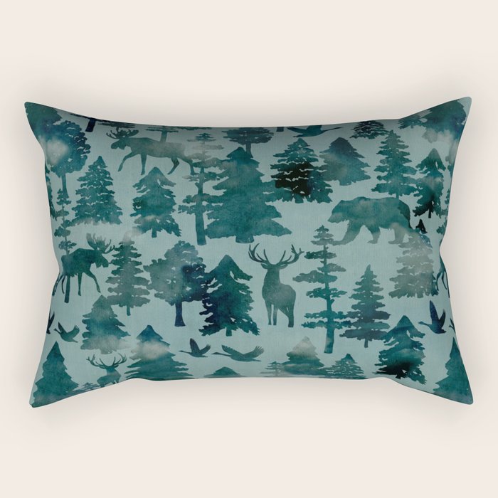 The Wild North, Wildlife, Blue Silhouette Forest and Animal Print Rectangular Pillow Gallery Image 1