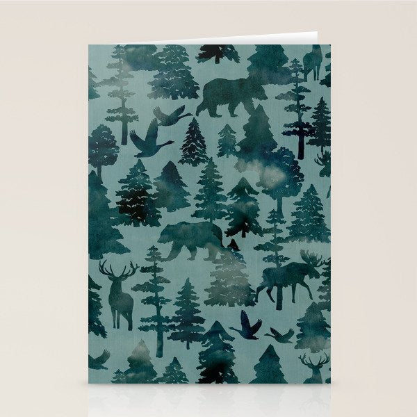 The Wild North, Wildlife, Blue Silhouette Forest and Animal Print Stationery Card Gallery Image 2