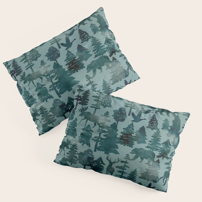 The Wild North, Wildlife, Blue Silhouette Forest and Animal Print Pillow Sham Gallery Image 3