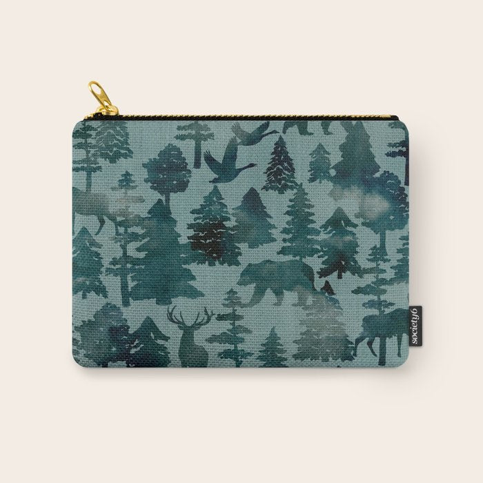 The Wild North, Wildlife, Blue Silhouette Forest and Animal Print Carry All Pouch Gallery Image 1