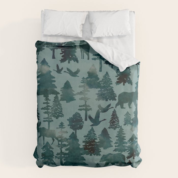 The Wild North, Wildlife, Blue Silhouette Forest and Animal Print Duvet Cover Gallery Image 6