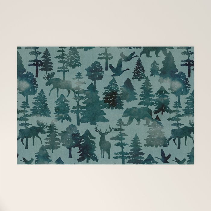 The Wild North, Wildlife, Blue Silhouette Forest and Animal Print Welcome Mat Gallery Image 1