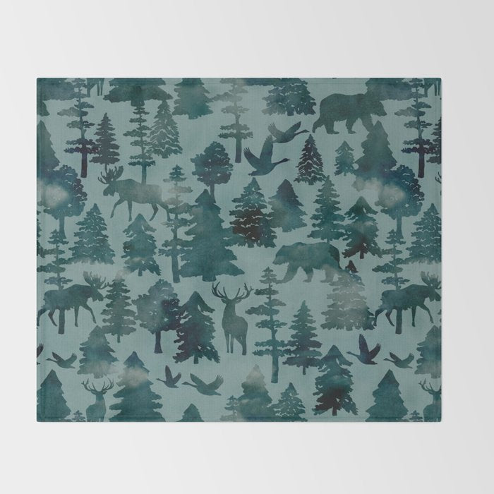 The Wild North, Wildlife, Blue Silhouette Forest and Animal Print Throw Blanket Gallery Image 2
