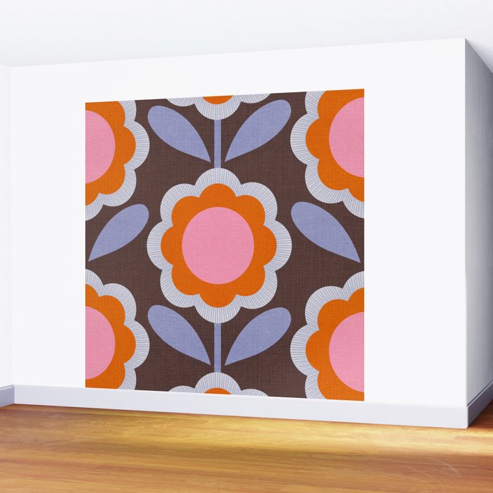 HELLO BOLD RETRO DAISY FLOWERS PATTERN IN BLOOM 3. BROWN Wall Mural Gallery Image 2
