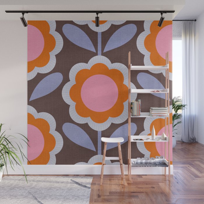 HELLO BOLD RETRO DAISY FLOWERS PATTERN IN BLOOM 3. BROWN Wall Mural Gallery Image 1