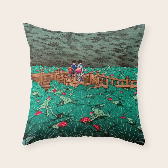 Antique Japanese Woodblock Print East Asian Art  Hasui Shiba Benten Pond Throw Pillow Gallery Image 6