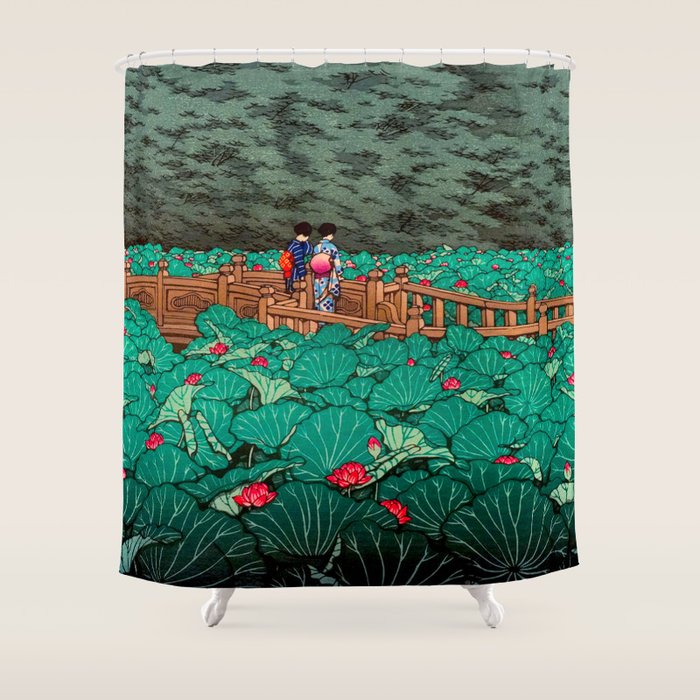 Antique Japanese Woodblock Print East Asian Art  Hasui Shiba Benten Pond Shower Curtain Gallery Image 1