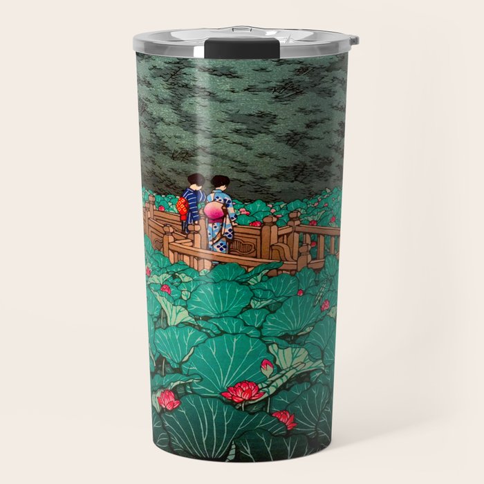 Antique Japanese Woodblock Print East Asian Art  Hasui Shiba Benten Pond Travel Mug Gallery Image 1