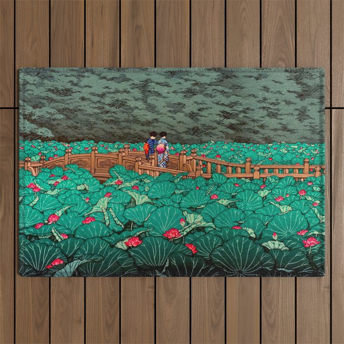 Antique Japanese Woodblock Print East Asian Art  Hasui Shiba Benten Pond Outdoor Rug Gallery Image 1