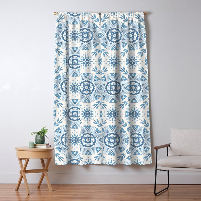Folk Art Shapes Block Print - Blue Window Curtain Gallery Image 5