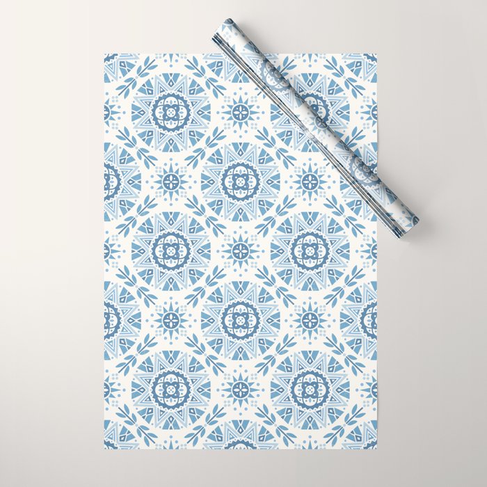 Folk Art Shapes Block Print - Blue Wrapping Paper Gallery Image 1