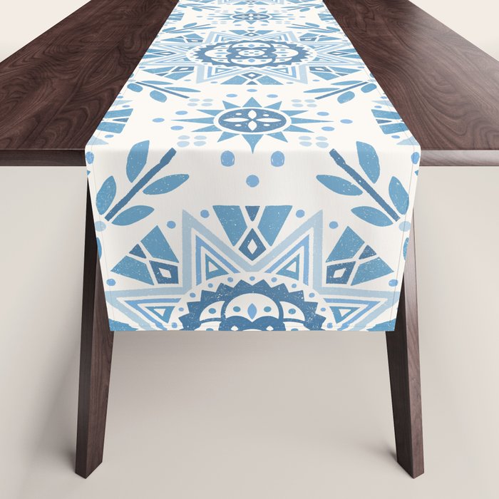 Folk Art Shapes Block Print - Blue Table Runner Gallery Image 1